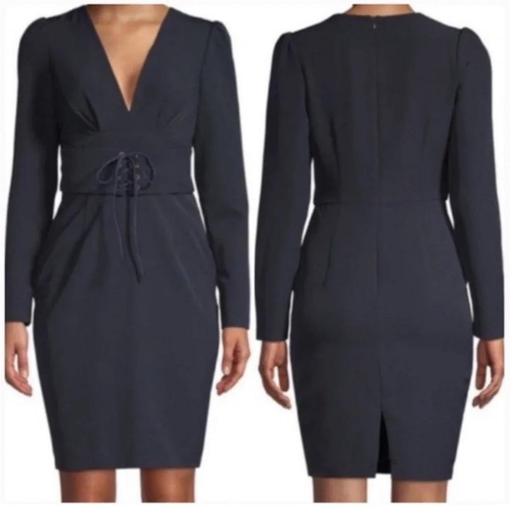 Alexia Admor Dark Navy Blue Long Sleeve V-Neck Dress Size Large NWT - Picture 3 of 10